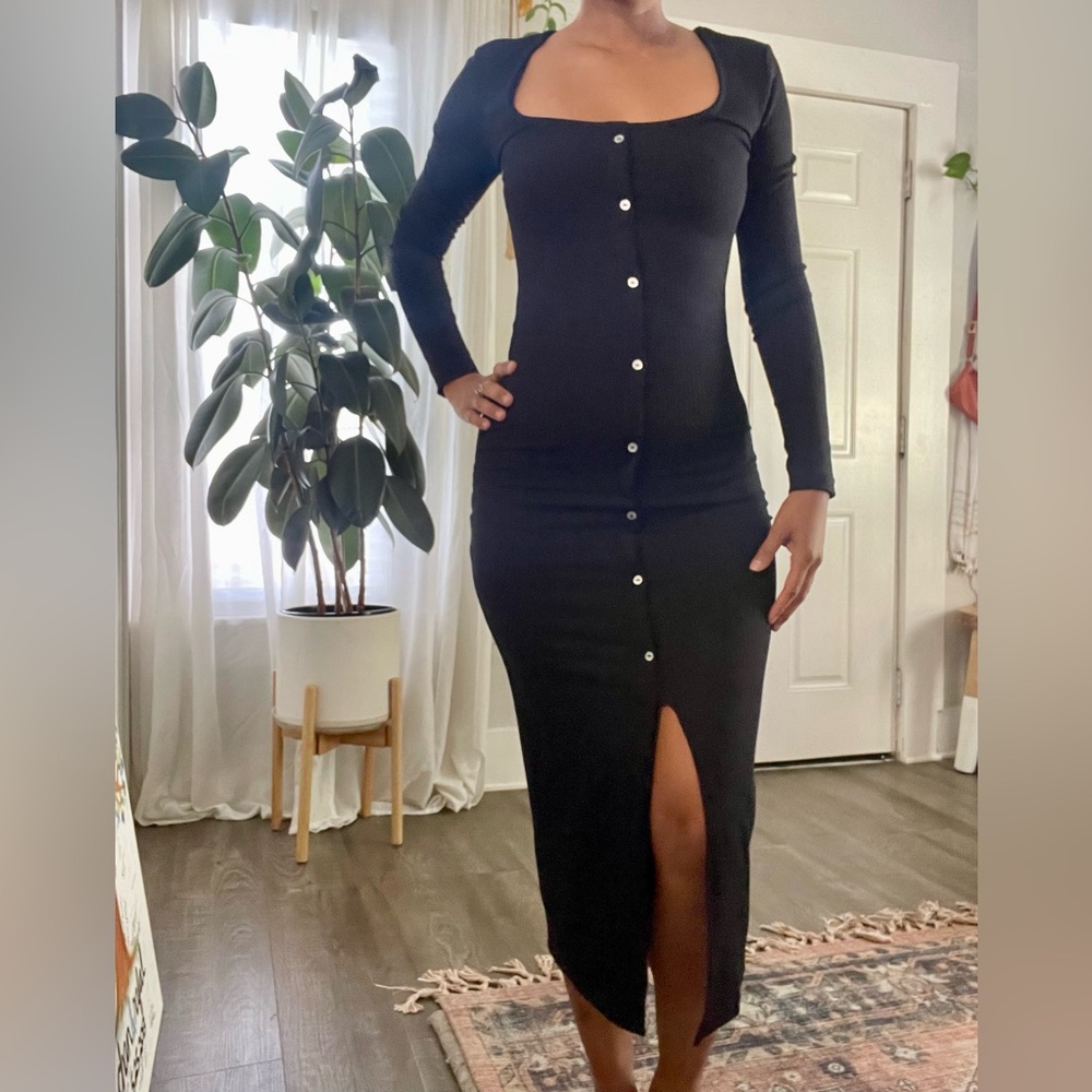 Mango black long sleeve, ribbed-knit dress.